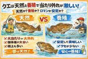 クエが不味かったのは、大魚は当たり外れが激しいから。それが現実。感動を求めるなら天然・失敗したくないなら養殖。釣太郎