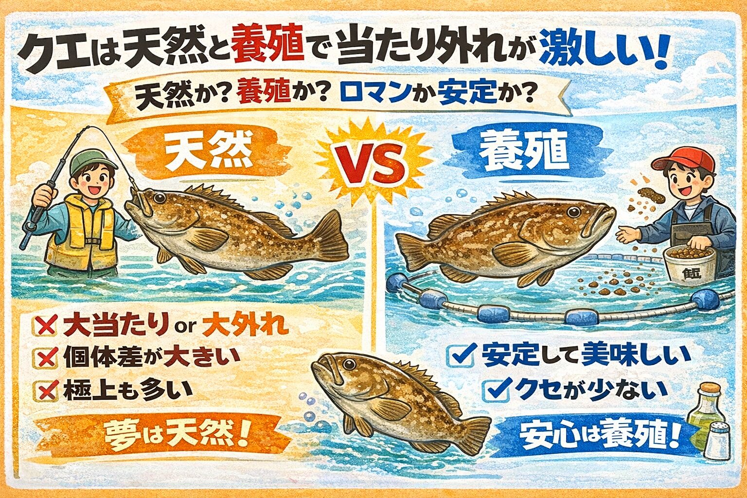 クエが不味かったのは、大魚は当たり外れが激しいから。それが現実。感動を求めるなら天然・失敗したくないなら養殖。釣太郎