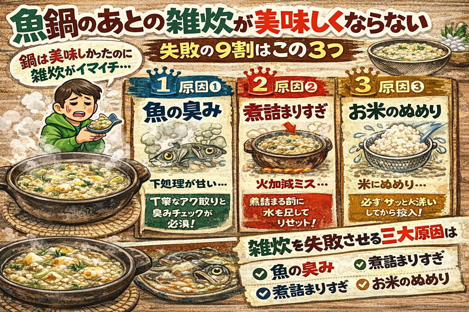 魚鍋のあとの雑炊が 美味しくならない原因は・魚の臭み・煮詰まりすぎ・お米のぬめり 。この3つ。釣太郎