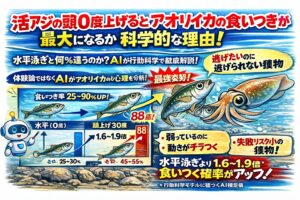 活アジの頭を30度上げた状態は、弱さ・自然さ・視覚刺激・捕食成功率。すべてがアオリイカの判断基準に最適化された姿勢。水平泳ぎより 約1.6〜1.9倍、食いつきが増える。釣太郎