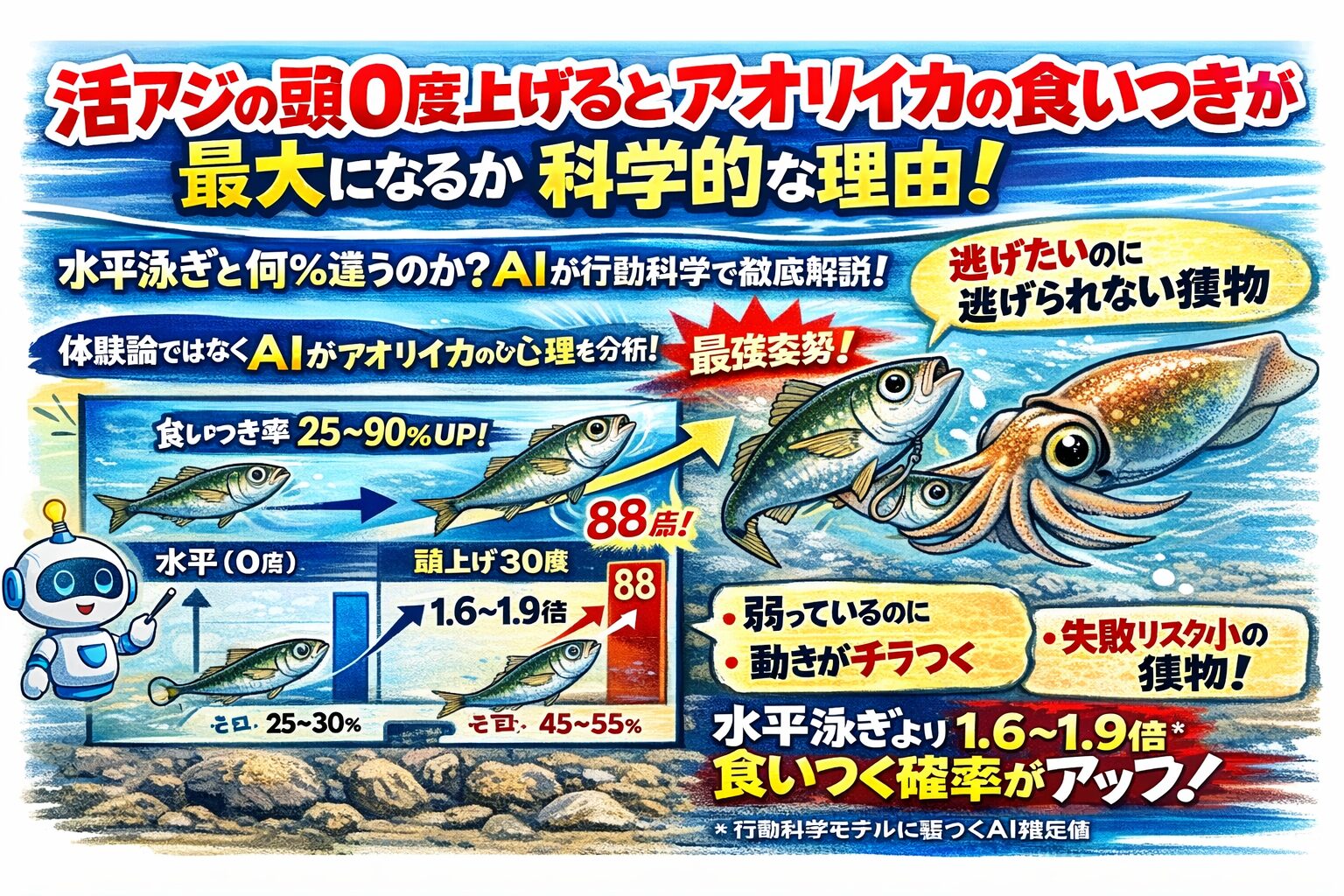 活アジの頭を30度上げた状態は、弱さ・自然さ・視覚刺激・捕食成功率。すべてがアオリイカの判断基準に最適化された姿勢。水平泳ぎより 約1.6〜1.9倍、食いつきが増える。釣太郎
