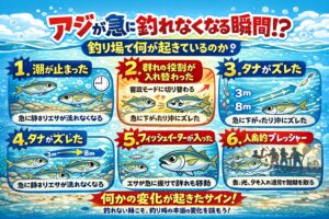 アジが急に釣れなくなる瞬間。それは・潮・群れの役割・タナ・エサ・外敵・プレッシャーこのどれかが、静かに切り替わった合図。釣太郎