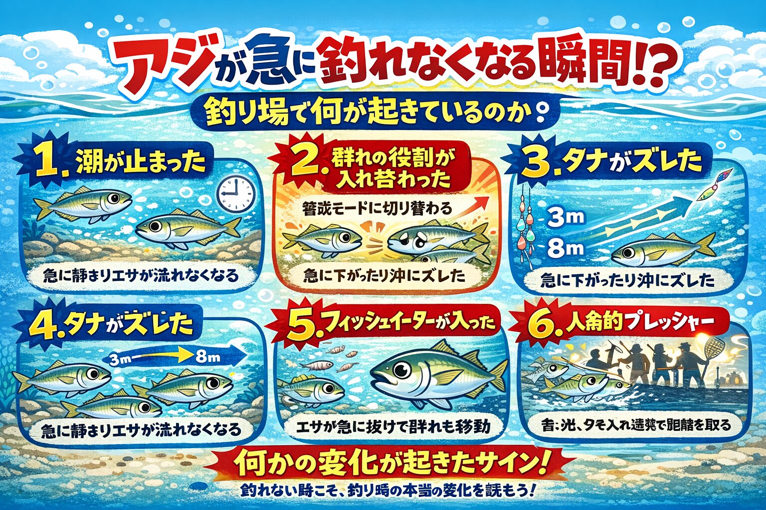 アジが急に釣れなくなる瞬間。それは・潮・群れの役割・タナ・エサ・外敵・プレッシャーこのどれかが、静かに切り替わった合図。釣太郎