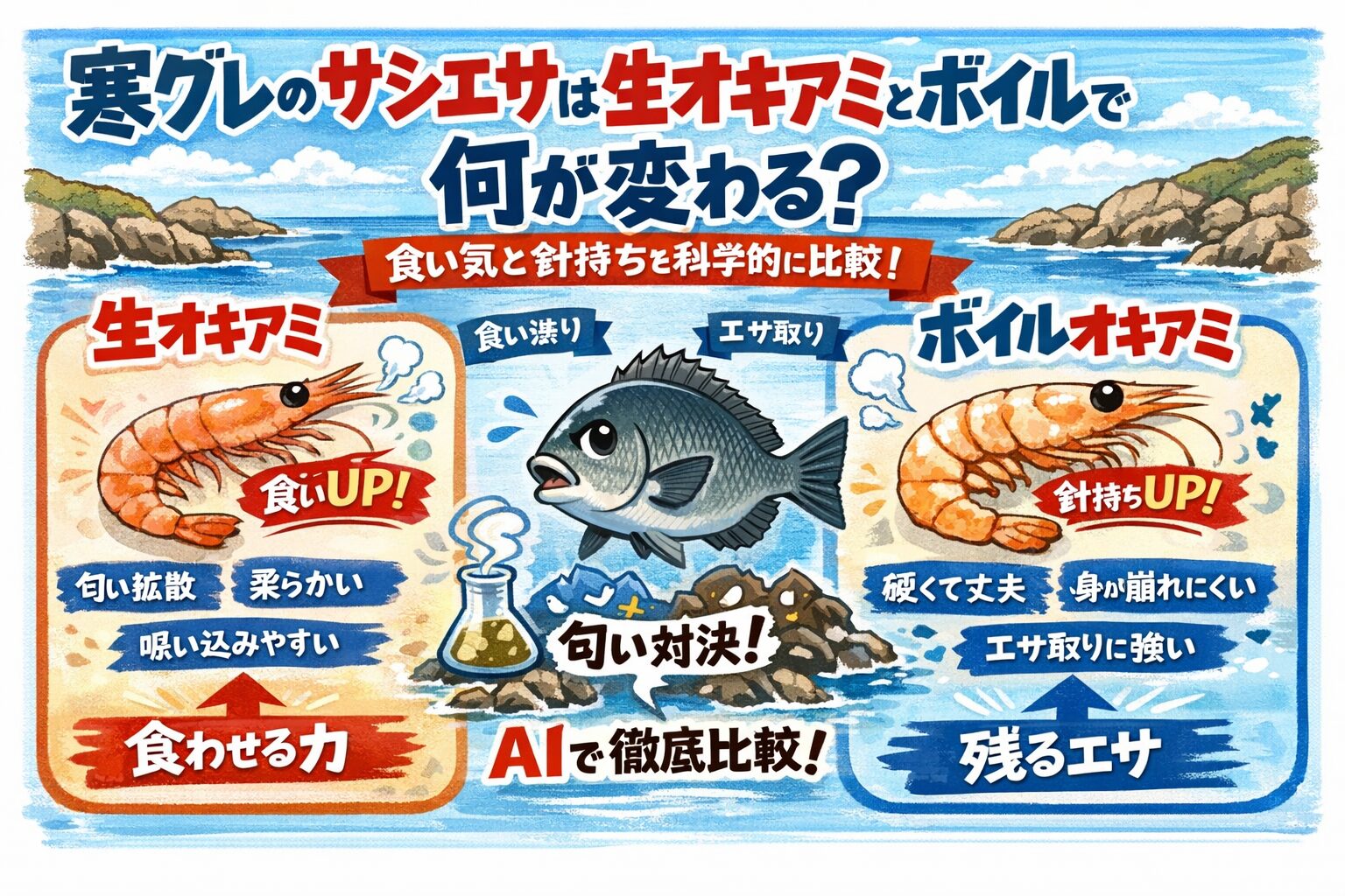 寒グレ釣り、まず生でスタート。無反応なら。尾だけカット。頭だけ。むき身。で吸い込み抵抗をさらに下げます。これは「針持ちを捨ててでも口を使わせる」冬の勝ち筋。釣太郎