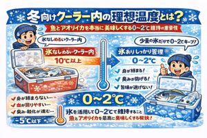 冬場、氷を入れていないクーラーボックス内は、10℃以上あるので、これを０～2度に下げるのが鉄則。釣太郎