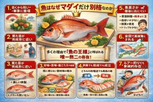 マダイが別格なのは、 単に美味しいからではありません。日本文化と深く結びつき・見た目が完成され・味のバランスが良く・扱いやすく・全国共通価値を持つ。釣太郎
