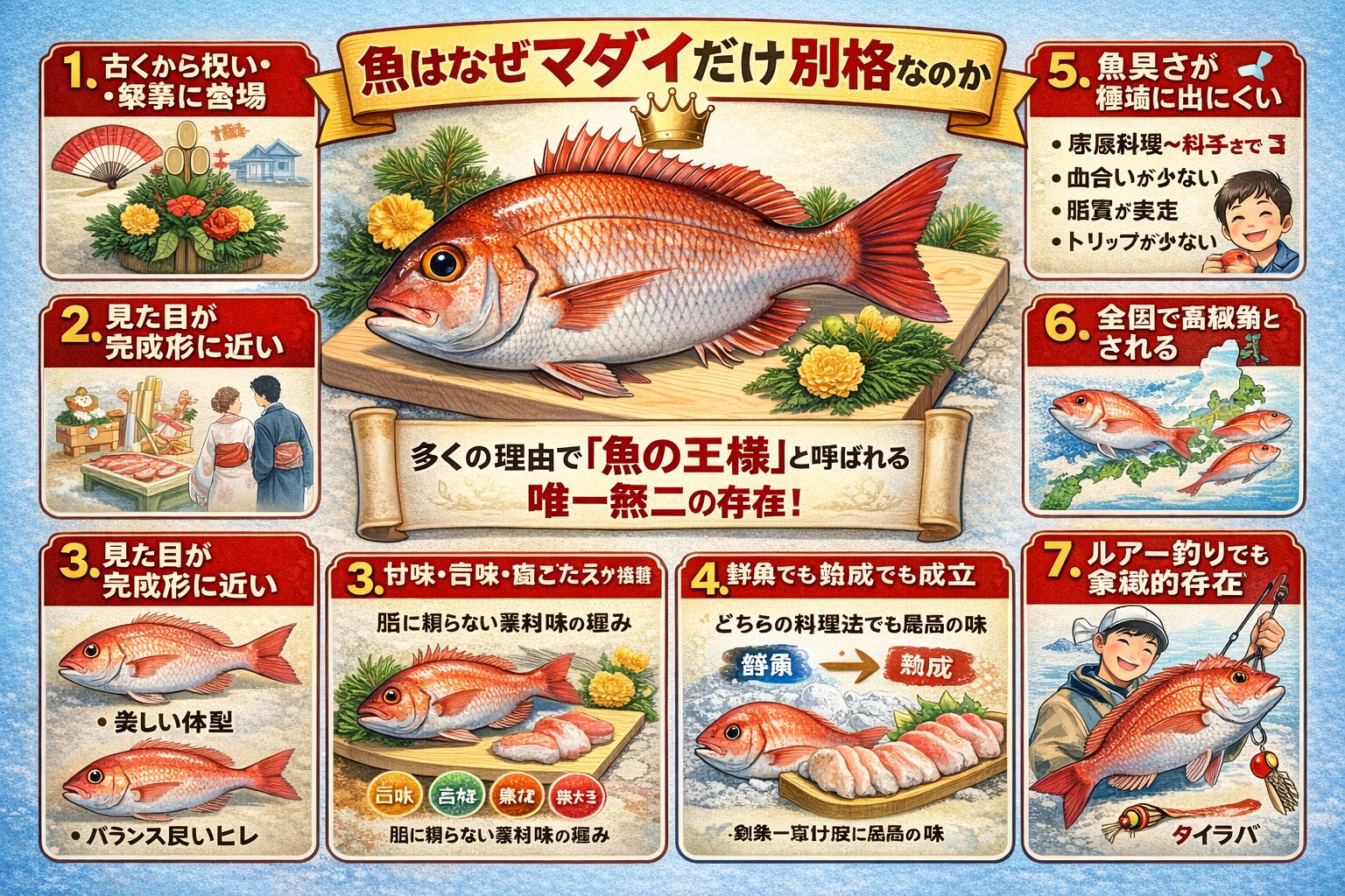 マダイが別格なのは、 単に美味しいからではありません。日本文化と深く結びつき・見た目が完成され・味のバランスが良く・扱いやすく・全国共通価値を持つ。釣太郎
