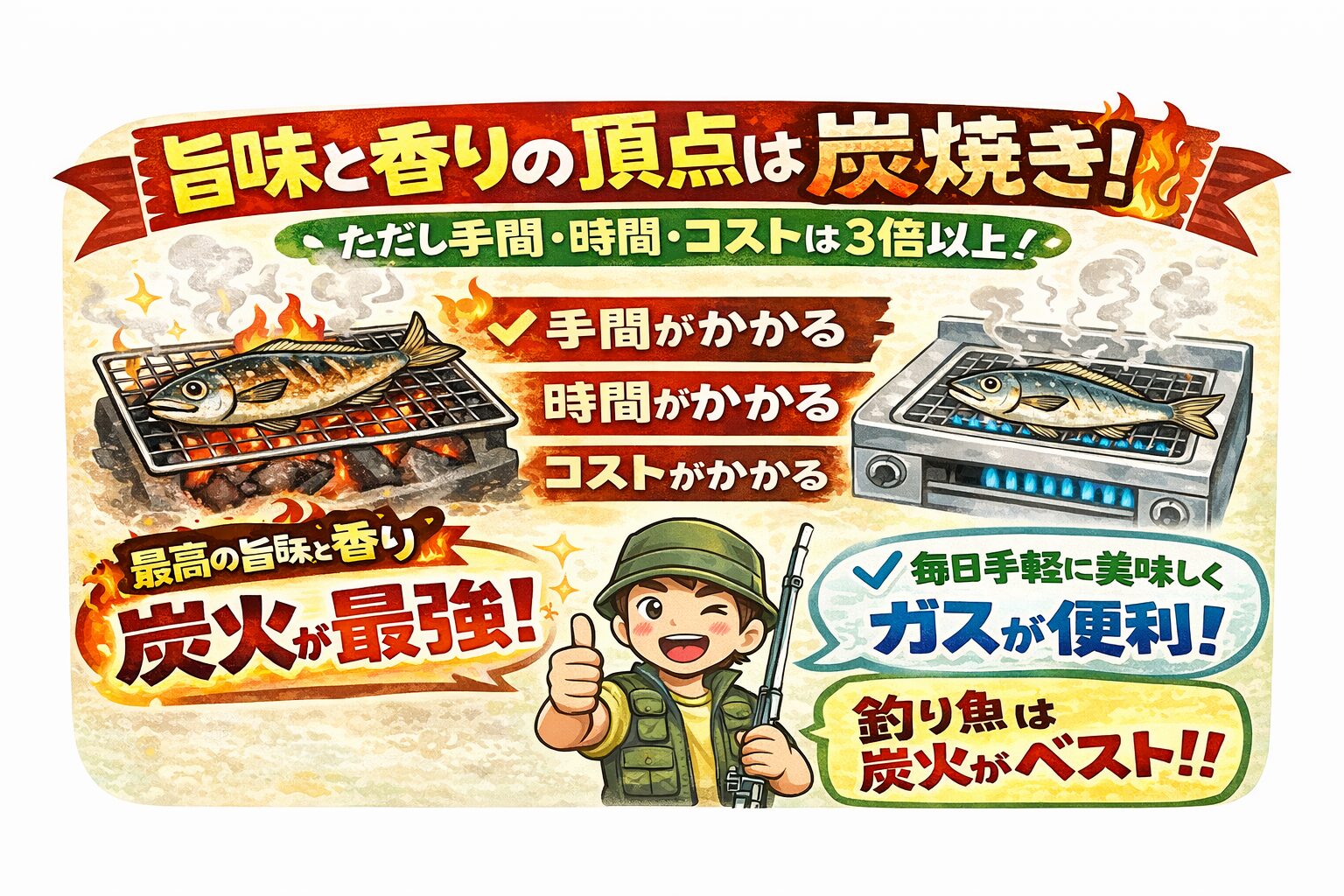 魚の直火焼きにおいて うま味と香りの頂点は炭焼き。ただし・手間・時間・コストがかかる。釣太郎