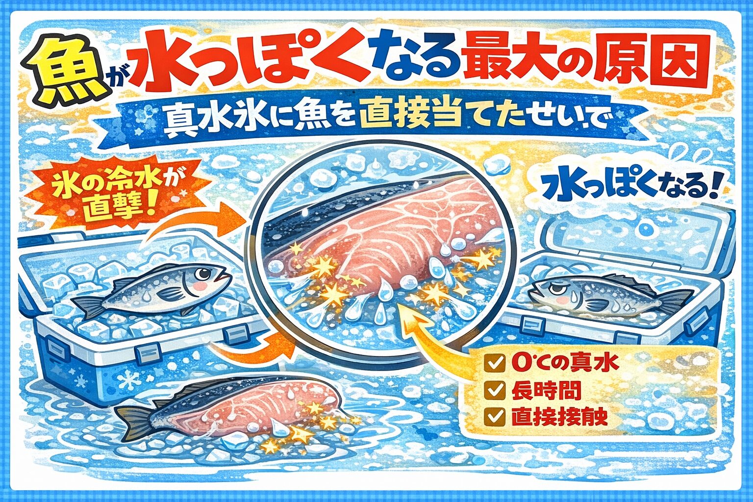 魚冷却、氷水に直接入れる → 水っぽくなるのは当たり前。海水氷で冷やす → 旨味が残る・身が締まる。科学的にも、現場の経験的にも、最も合理的な方法。釣太郎