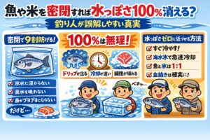 魚の密閉冷却。密閉だけで水っぽさ100％防止は無理・しかし水っぽさの大半は防げる ・本当に重要なのは「密閉＋冷却スピード」密閉は必須条件だが、十分条件ではない。釣太郎