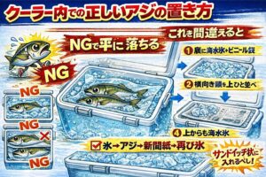 クーラー内の置き方でアジの味は大きく変わる・水に浸けない、腹を下にしない、重ねない・氷で挟むように冷やす・真水より海水氷が有利・釣り人の差はクーラーの中に出る.釣太郎