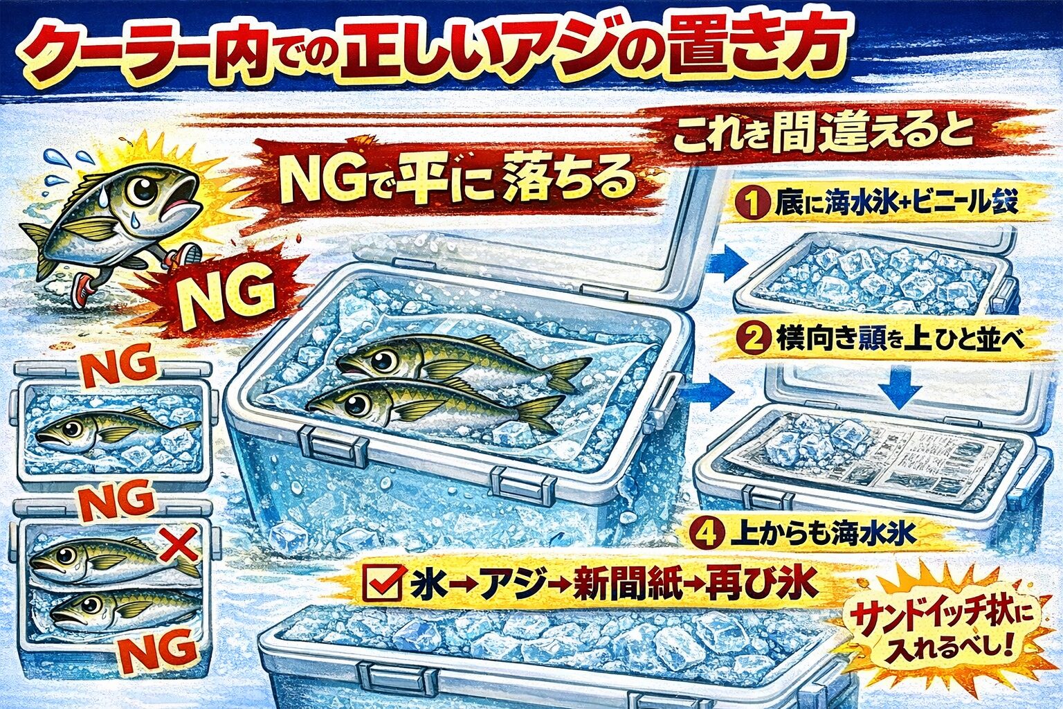 クーラー内の置き方でアジの味は大きく変わる・水に浸けない、腹を下にしない、重ねない・氷で挟むように冷やす・真水より海水氷が有利・釣り人の差はクーラーの中に出る.釣太郎