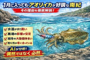 1月に入ってからも南紀でアオリイカが好調に釣れている理由は、 水温がまだ高め・黒潮の影響が安定・越冬個体が多い・釣り方が季節に合っている。釣太郎