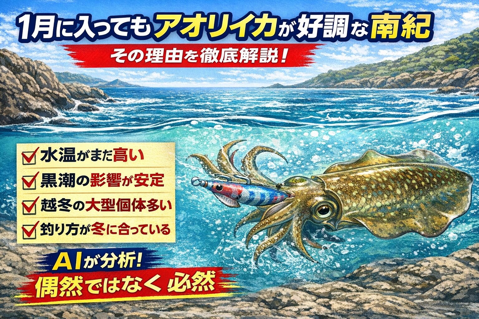 1月に入ってからも南紀でアオリイカが好調に釣れている理由は、 水温がまだ高め・黒潮の影響が安定・越冬個体が多い・釣り方が季節に合っている。釣太郎