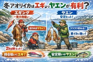 冬に「釣果を安定させたい」ならヤエンが有利になりやすい。 冬に「回遊の時合を撃ち抜きたい」ならエギが刺さる日がある。釣太郎