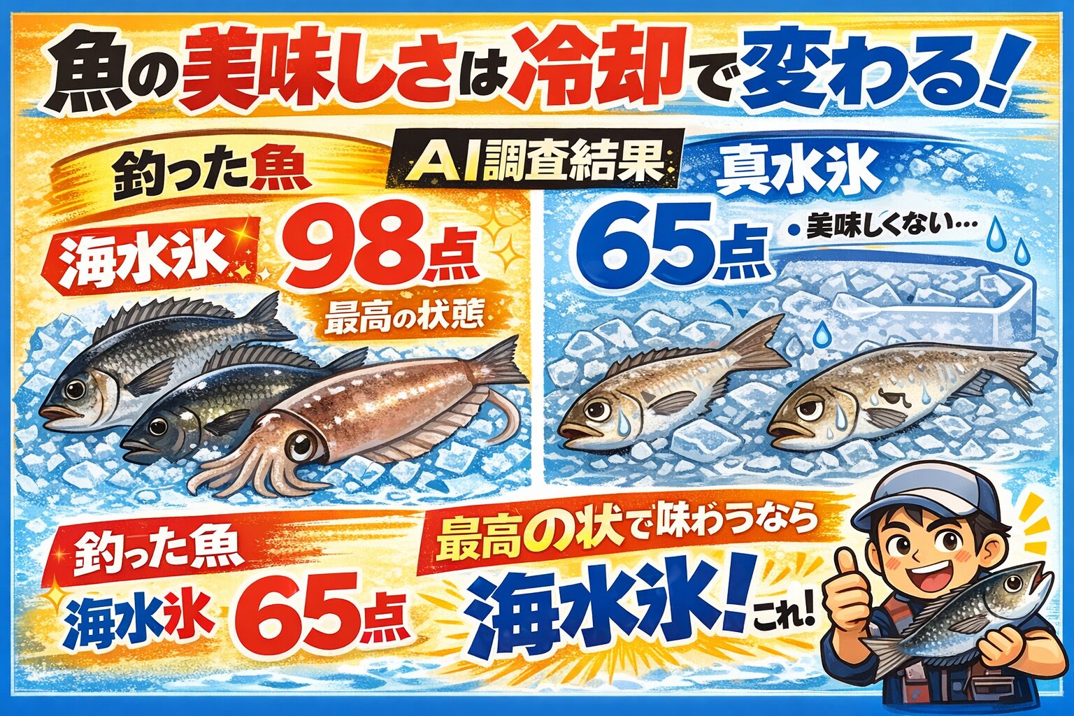 魚の美味しさは冷却で決まります。海水氷：98点・真水氷：65点 苦労して釣った魚どうせなら。最高の状態で味わいたい。釣太郎