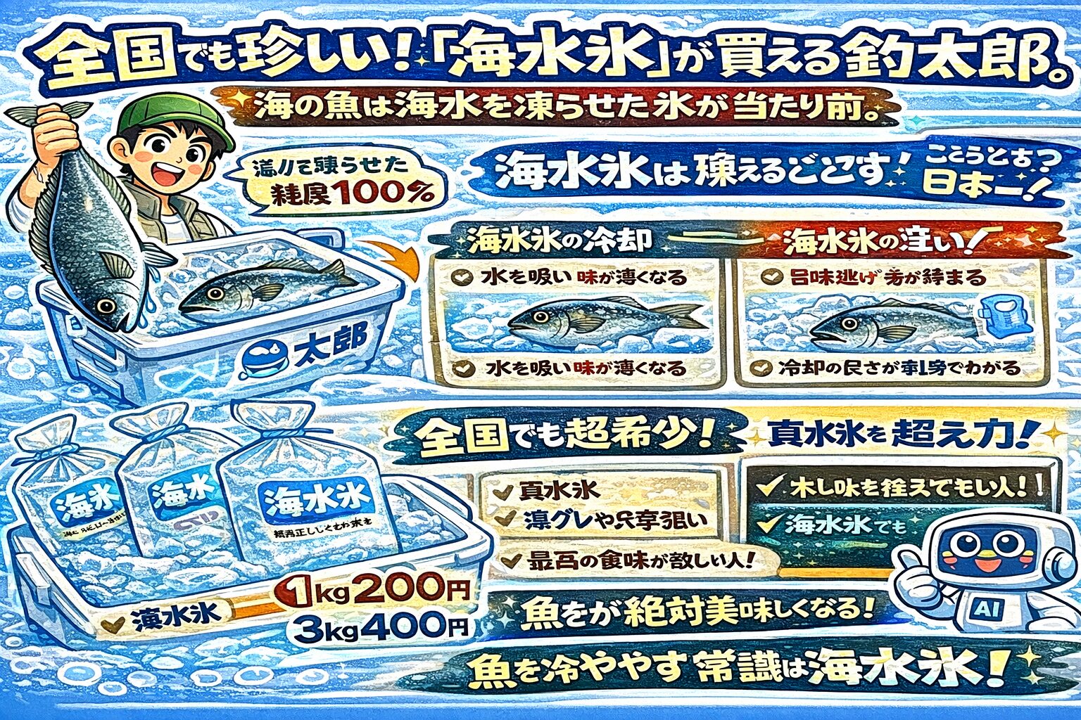 魚を美味しくするのは ・高級魚でも・テクニックでもない。冷やし方です。海の魚は海水を凍らせた海水氷で冷やすのがベスト。釣太郎