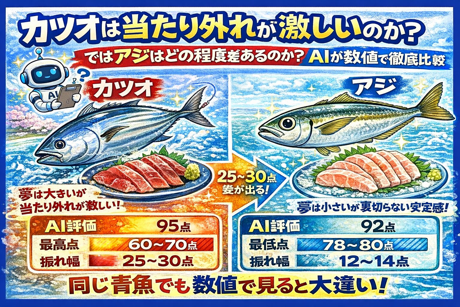 カツオは、当たり外れが非常に激しい魚。アジは、当たり外れが少なく、安定して美味しい魚。AIが数値化すると、その差は明確。釣太郎