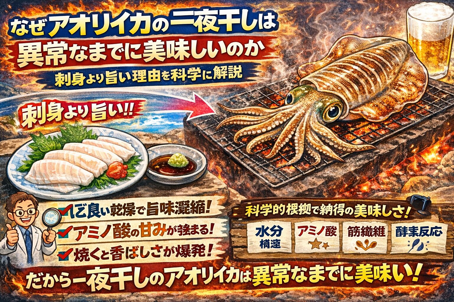 アオリイカの一夜干しが異常なまでに美味しい理由は・水分構造 ・アミノ酸特性・筋繊維・酵素反応。釣太郎