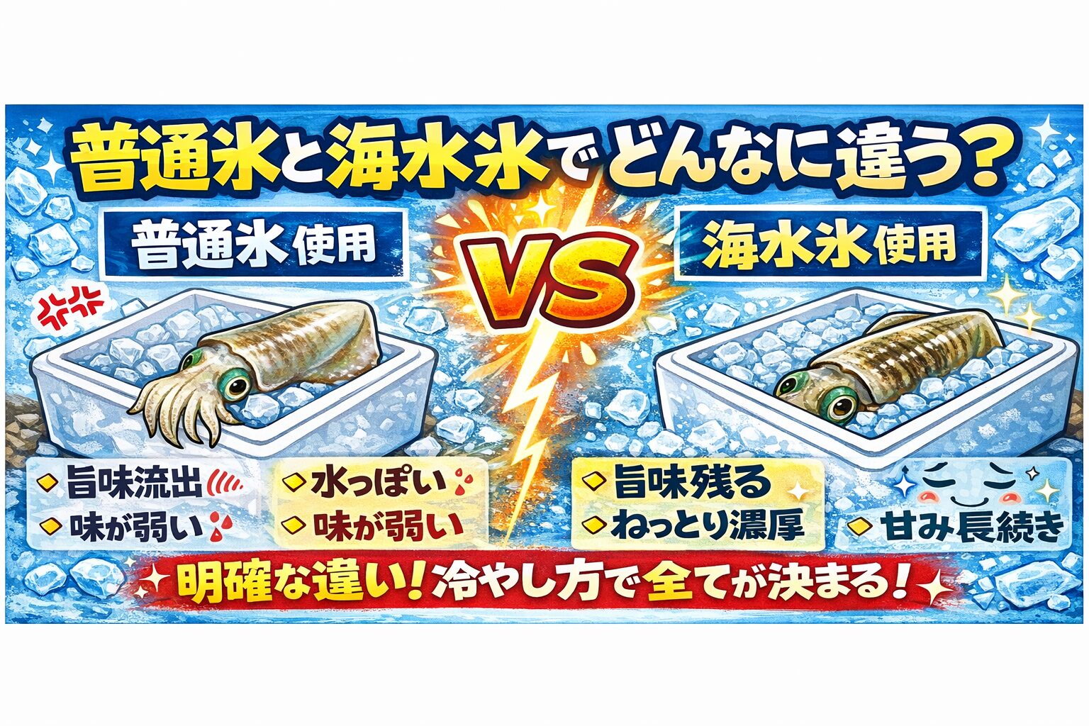 アオリイカの冷却、真水氷と海水氷では、味の差は確実に分かるレベル。釣太郎