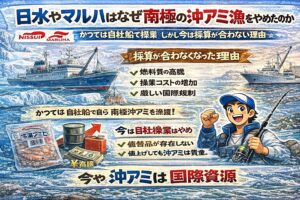 かつて日水やマルハは 自社船で南極沖アミ漁を行っていた。しかし規制強化とコスト上昇で採算が取れなくなった。現在は海外操業依存型へ移行。釣太郎