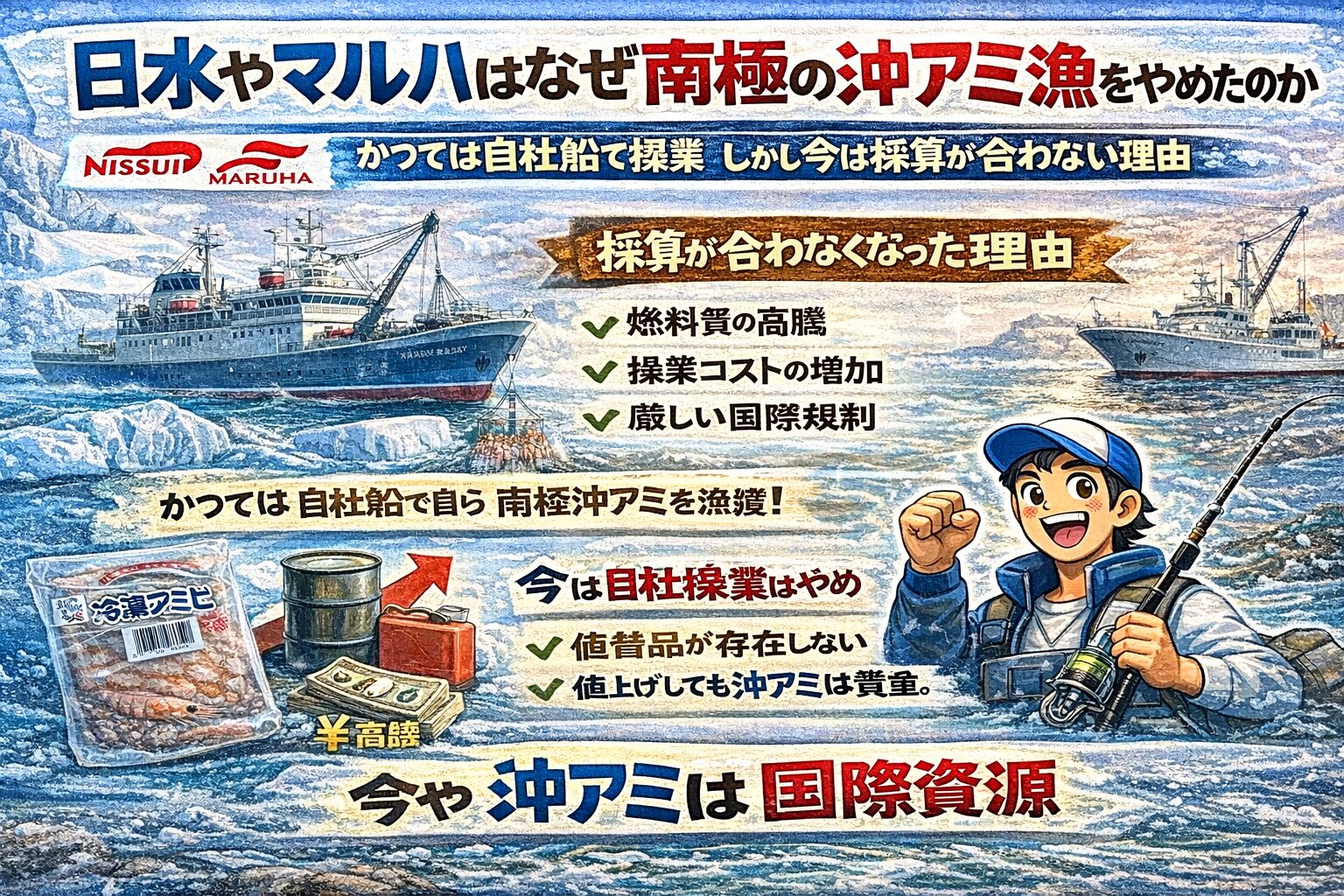 かつて日水やマルハは 自社船で南極沖アミ漁を行っていた。しかし規制強化とコスト上昇で採算が取れなくなった。現在は海外操業依存型へ移行。釣太郎