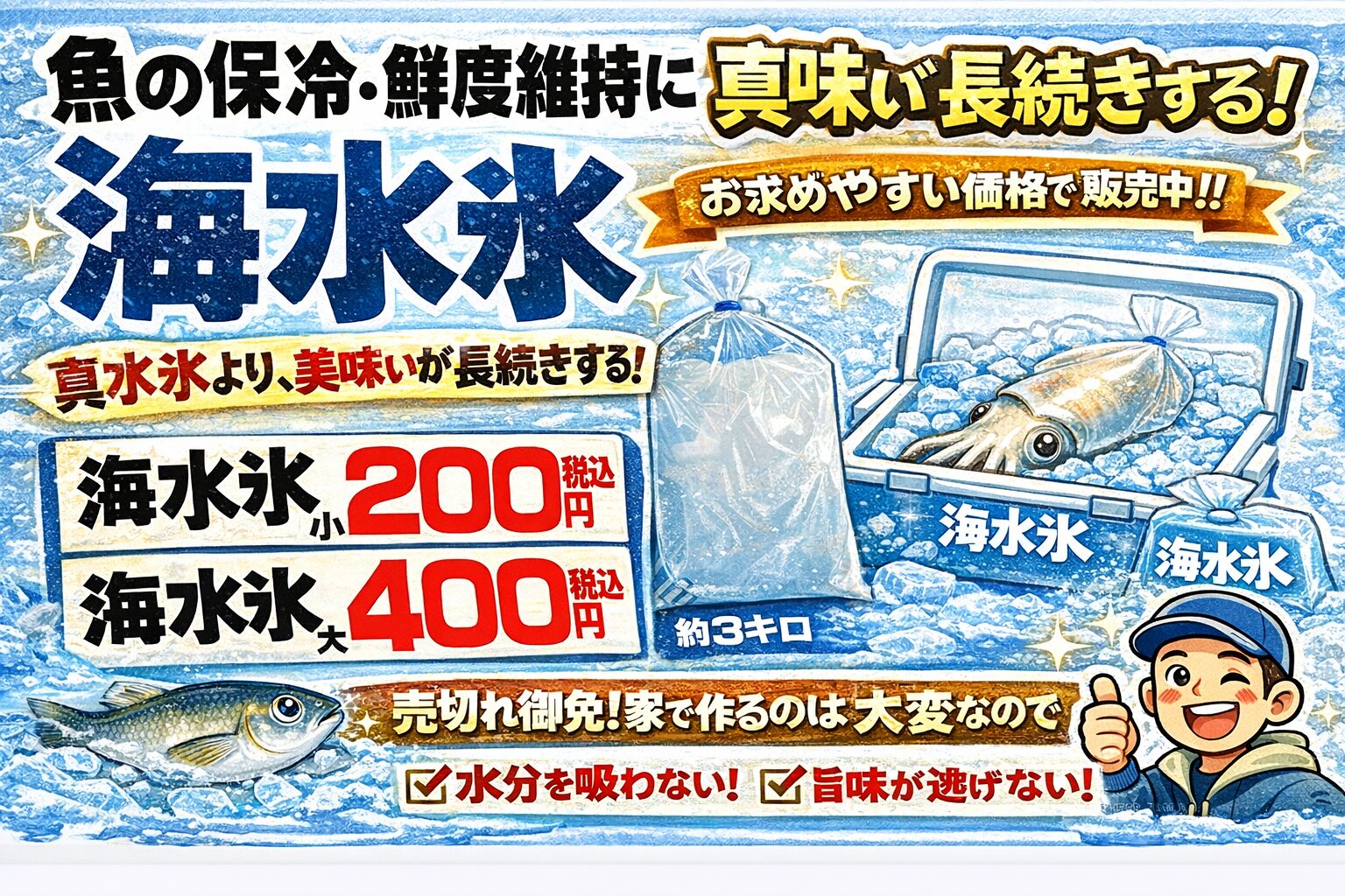 アオリイカは旨い。だが特に冬が最高。そしてその冬アオリイカを さらに美味しくするのが海水氷。釣太郎