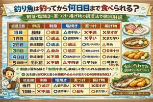 釣り人が覚えておくべき黄金ルール。刺身は「早め」・焼きは「2〜3日」・煮つけは「3〜4日」・揚げ物は「最後の切り札」釣太郎