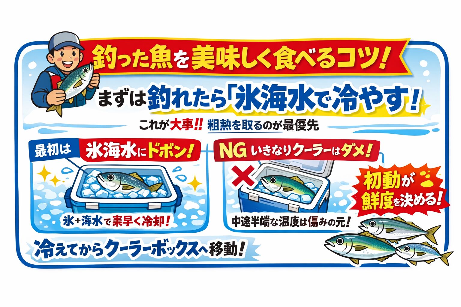 最初の数分が、すべてを決める。釣った魚を美味しく食べたいなら、覚えておくべきことはシンプル。釣れた直後が一番重要。まずは氷海水で粗熱を取る ・冷えてからクーラーボックスへ。釣太郎
