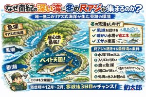 南紀はリアス式＋深湾だらけ・冬は深湾が避難所になる・水温層が命・黒潮がエサを運ぶ ・大型だけが集結・12〜2月が最盛期。尺アジは、運じゃない。 「場所を知ってるかどうか」。釣太郎