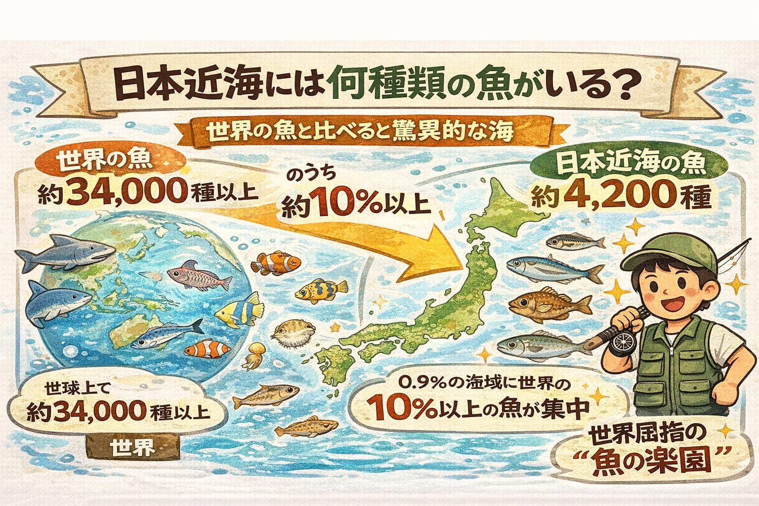 世界の魚は約34,000種・日本近海には約4,200種・世界の約1割以上の魚が日本周辺に集中・黒潮と親潮が生む奇跡の海。釣太郎