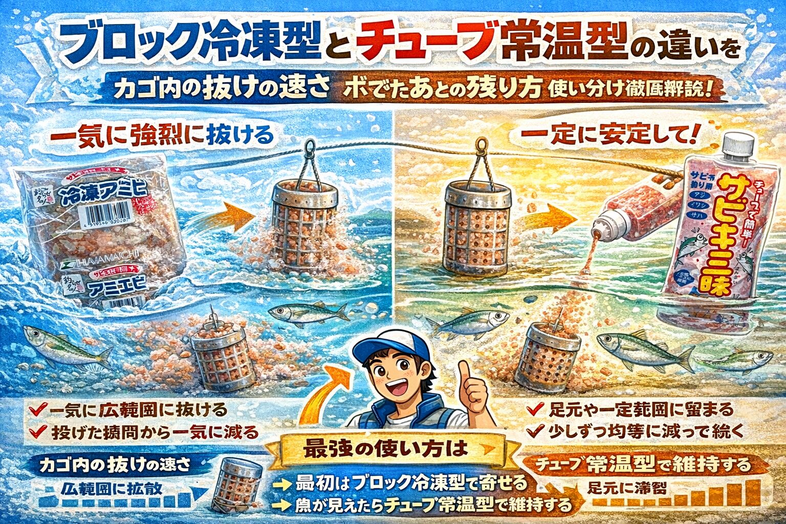 冷凍アミエビは立ち上がりが速く拡散で広く寄せやすいです。ただし高温で劣化しやすい。常温アミエビは安定して効き足元に魚を止めやすい。釣太郎