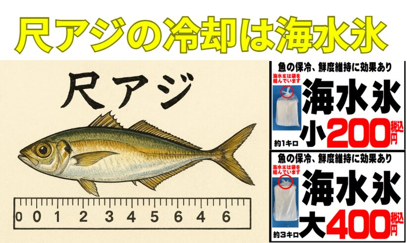 尺アジの冷却は海水氷で。さらにうま味が増します。釣太郎
