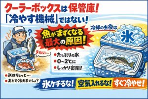 クーラーボックスは冷やす道具ではない・冷却の主役は氷・魚は早く、確実に0〜2℃へ ・氷の量が味の差を生む。釣太郎