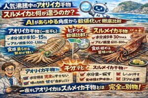 アオリイカ干物が人気なのは・水分量・アミノ酸量・食感・香り すべてが現代の嗜好に合致しています。釣太郎