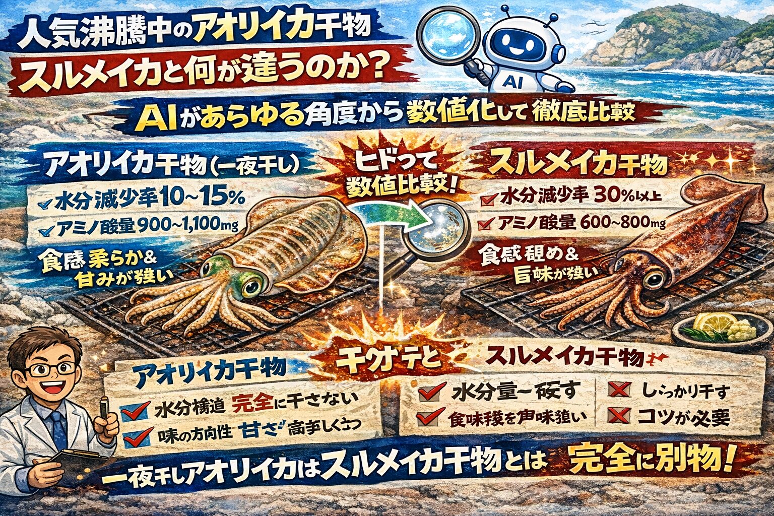 アオリイカ干物が人気なのは・水分量・アミノ酸量・食感・香り すべてが現代の嗜好に合致しています。釣太郎