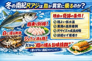 冬の南紀尺アジが異常に脂が乗る理由は、程よい低水温。黒潮由来の高栄養餌・尺サイズという成長段階・移動しなくて済む環境。釣太郎