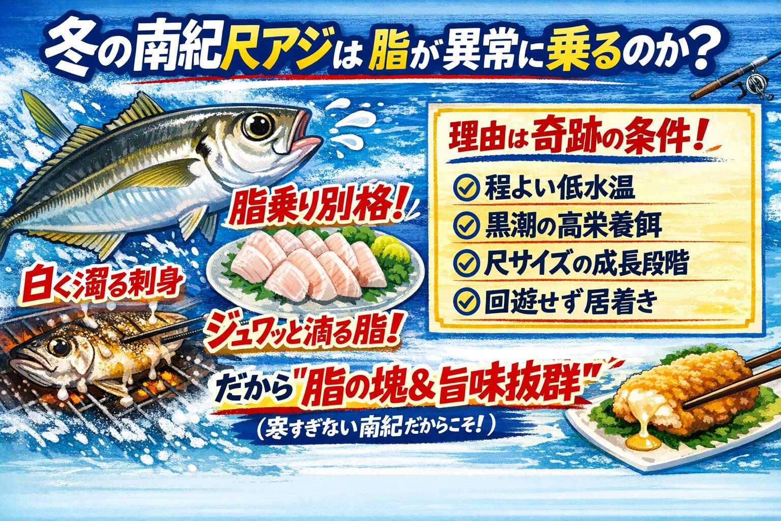 冬の南紀尺アジが異常に脂が乗る理由は、程よい低水温。黒潮由来の高栄養餌・尺サイズという成長段階・移動しなくて済む環境。釣太郎