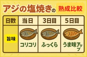 アジ塩焼きの釣った当日はコリコリで旨味が弱い。2〜3日後が旨味のピーク。4〜5日は料理を選べばまだ美味しい。釣太郎