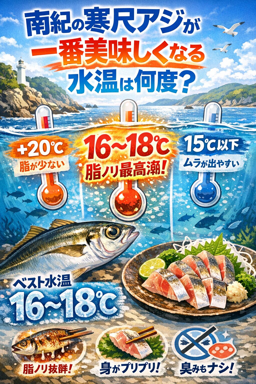 南紀の寒尺アジが一番美味しくなる水温は 16〜18℃。この水温帯で脂・旨味・身質が最高到達点に達する。12月中旬〜2月上旬がピーク。釣太郎
