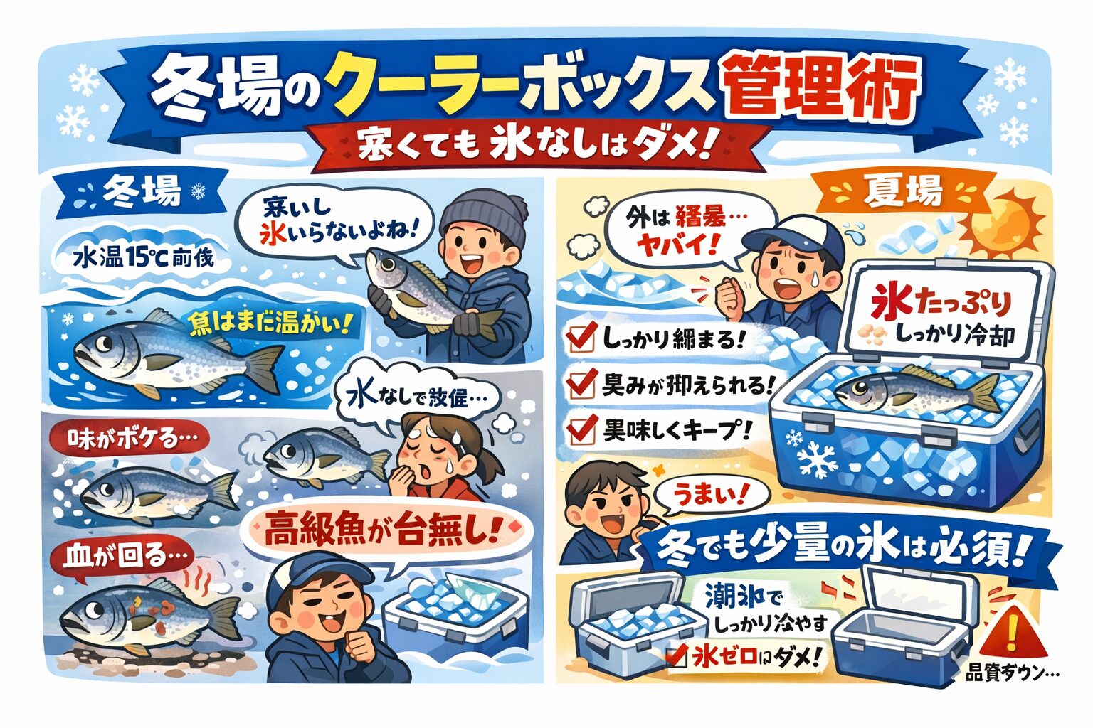 冬場のクーラーボックス管理は、「何もしなくていい」ではなく、 「少しだけ丁寧にする」季節です。寒いから大丈夫・氷はいらないは間違い。釣太郎