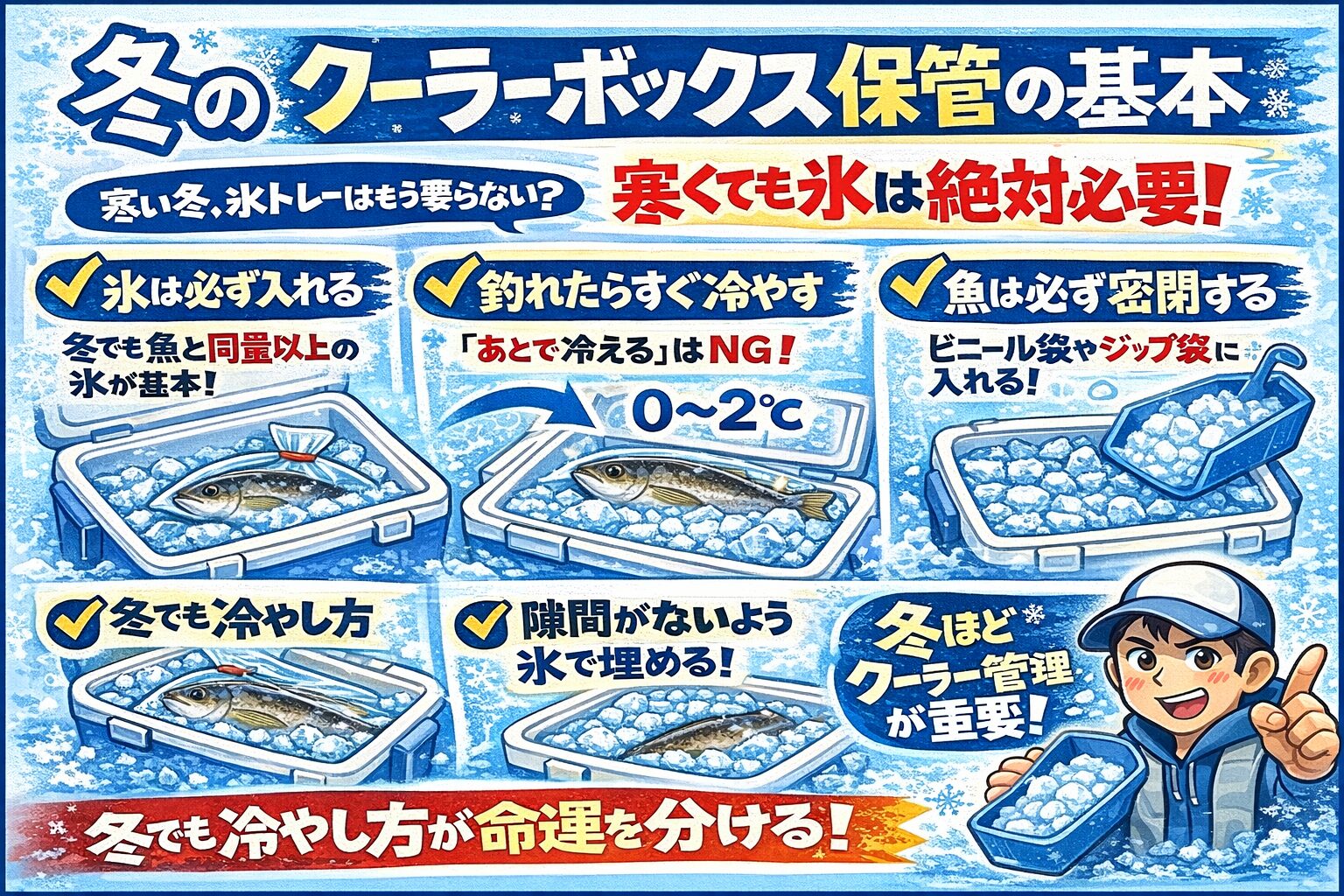 冬のクーラーボックス保管で一番大切なのは 「寒いから大丈夫」という意識を捨てること。冬でも氷は必須 ・理想温度は0〜2℃ ・釣れたら即冷却。釣太郎