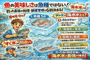 魚の美味しさは魚種ではない。釣った直後の処理と鮮度管理で6割が決まる。海水氷が有効な理由。釣太郎