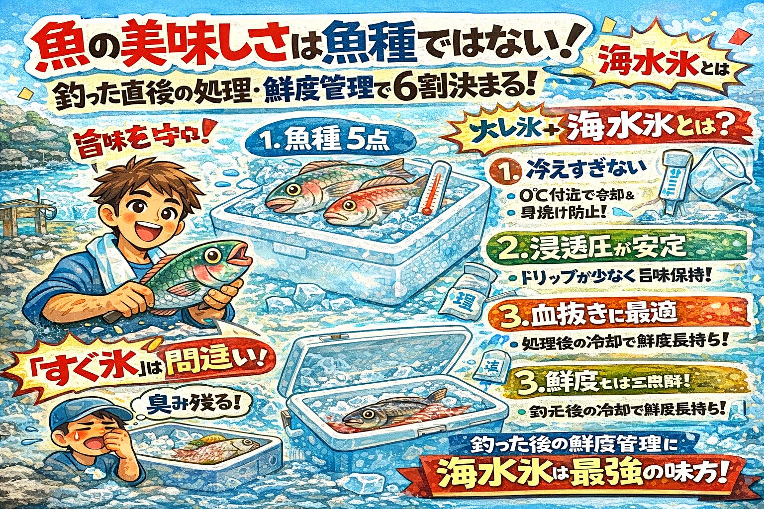魚の美味しさは魚種ではない。釣った直後の処理と鮮度管理で6割が決まる。海水氷が有効な理由。釣太郎