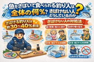 魚をさばいて食べられる釣り人は、全体の約30〜40％。さばけない人は・家族に渡す ・配る・プロに任せる ・持ち帰らない。釣太郎
