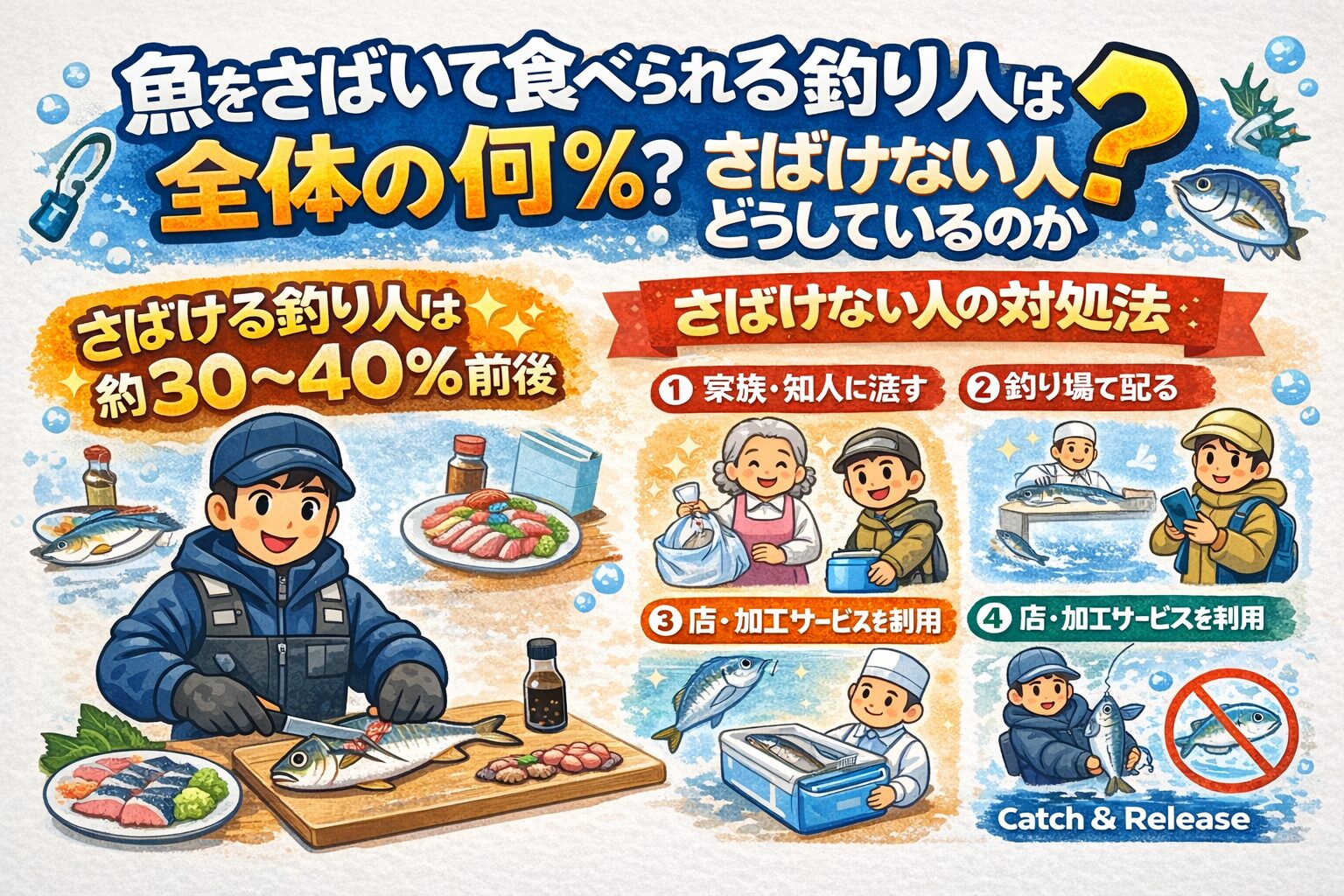 魚をさばいて食べられる釣り人は、全体の約30〜40％。さばけない人は・家族に渡す ・配る・プロに任せる ・持ち帰らない。釣太郎