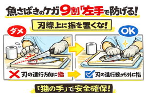魚さばき、ケガの9割は左手・原因は包丁の滑り・刃線上に指を置かない・猫の手が基本 ・切れる包丁が最強。釣太郎
