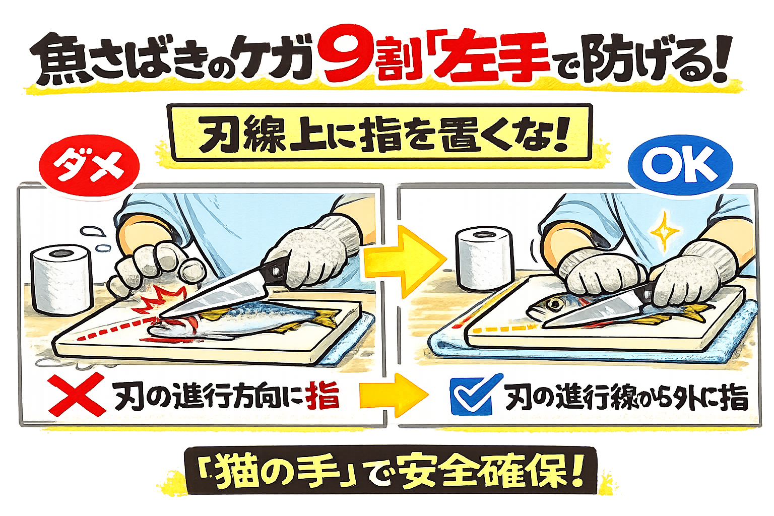 魚さばき、ケガの9割は左手・原因は包丁の滑り・刃線上に指を置かない・猫の手が基本 ・切れる包丁が最強。釣太郎