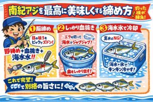 南紀アジは、正しく締めたときに完成する魚。釣った瞬間から 味は決まり始める。脳締め、血抜き、海水氷 この3点が重要。釣太郎