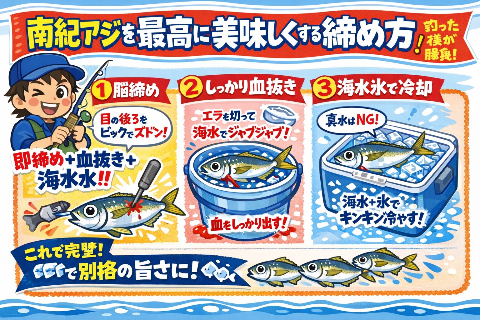 南紀アジは、正しく締めたときに完成する魚。釣った瞬間から 味は決まり始める。脳締め、血抜き、海水氷 この3点が重要。釣太郎